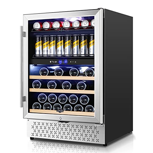 Tylza Dual Zone Wine Fridge 24 Inch Wine and Beverage Refrigerator Built-in or Freestanding Wine Beer Fridge Under Counter Wine Cellar with Stainless Steel and Temperature Memory Function