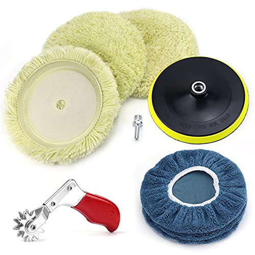 POLIWELL Wool Buffing Pads 7 Inch Set 100% Wool Buffing Pad Hook and Loop 3Pack, 5/8-11T Shark Backing Pad Kit, Cleaning Spur Tool + 7 Waxing Bonnet Pads 3pcs for Compound Cutting & Polishing, 9Pack