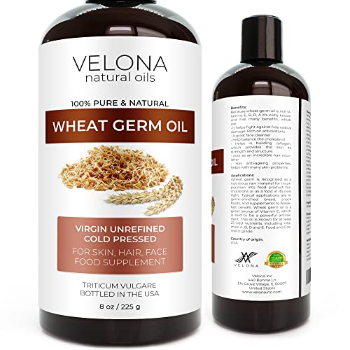 velona Wheat Germ Oil USP Grade 8 oz | Natural source of Vitamin E |100% Pure Carrier Oil | Unrefined, Cold Pressed | Cooking, Face, Hair, Body & Skin Care