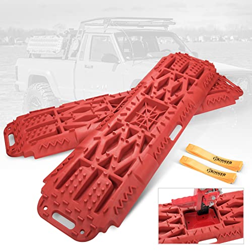 BUNKER INDUST Offroad Traction Boards with Jack Lift Base, Mud Sand Tracks Snow Tire Traction Mat Recovery Ramp for 4X4 Jeep Truck SUV ATV UTV Pair Red Traction Pads