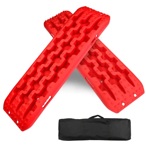 YIYITOOLS Recovery Traction Tracks 2 Piece, Tire Traction Mats for Off Road Mud Sand Snow, 4WD Tire Ladder Lift Mat for Cars Trucks SUVs Vehicle Extraction, Red