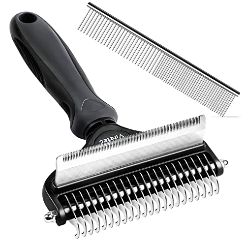 Viretec Dog Deshedding Brush, Pet Grooming Brush, 2 in 1 Effective Undercoat Rake for Dogs and Cats, Long & Short Hair Grooming Tool and Dematting Comb, Easy to Remove Mats, Tangles & Loose Fur