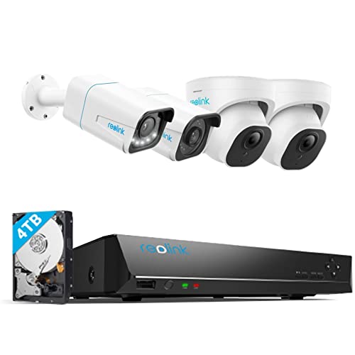 Reolink 4K PoE NVR 16 Channel Pre-Installed 4TB HDD,Video Recorder RLN16-410, Bundle with 1x 4K RLC-810A,1x 4k RLC-820A,1x 4K RLC-811A with Motion Spotlight, 1x 4K RLC-822A with 3X Optical Zoom