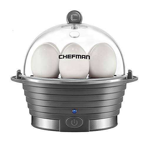 Chefman Electric Egg Cooker Boiler, Rapid Egg-Maker & Poacher, Food & Vegetable Steamer, Quickly Makes 6 Eggs, Hard, Medium or Soft Boiled, Poaching/Omelet Tray Included, Ready Signal, BPA-Free, Grey