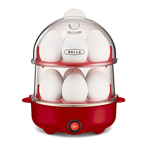 BELLA Rapid Electric Egg Cooker and Poacher with Auto Shut Off for Omelet, Soft, Medium and Hard Boiled Eggs - 14 Egg Capacity Tray, Double Stack, Red