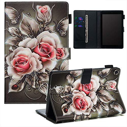 UUcovers Smart Cover for 8" Amazon Kindle Fire HD 8 Tablet 2018/2017/2016 Case 8th/7th/6th Generation with Pencil Holder, PU Leather Magnetic Folio Stand Card Wallet [Auto Wake/Sleep], Black Rose