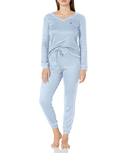 Tommy Hilfiger Women's Waffle-Knit Long Sleeve Jogger Pajama Set, Chambray Heather, Large