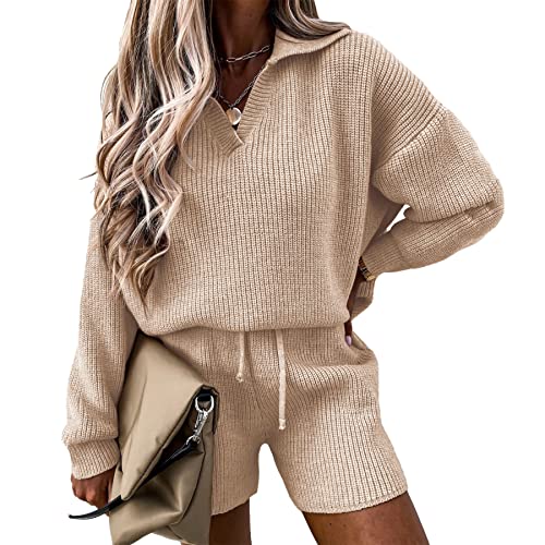 PRETTYGARDEN Women's 2 Piece Outfits 2023 Winter Long Sleeve V Neck Knit Pullover And Shorts Sweater Pajama Sets (Beige Apricot,Medium)