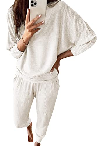 PRETTYGARDEN Women's 2023 Fall Fashion Outfits 2 Piece Sweatsuit Solid Color Long Sleeve Pullover Long Pants (Off-white,Large)