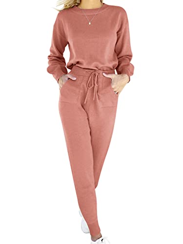 ANRABESS 2 Piece Outfits Long Sleeve and Pants Trendy Rust Red Rib Knit Matching Lounge Set for Women B4Ci02-xiuhong-M