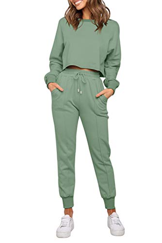 ZESICA Women's Long Sleeve Crop Top and Pants Pajama Sets 2 Piece Jogger Long Sleepwear Loungewear Pjs Sets Green