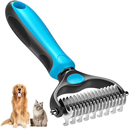 Pet Grooming Brush, Double Sided Shedding Comb and Dematting Undercoat Rake Comb for Dogs & Cats, Dog Grooming Rakes Tools for Mats & Tangles Removing, Safe, Effective, Extra Wide, Comfort