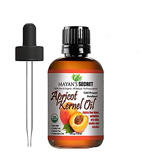 Mayan's Secret - 4oz Organic Apricot Kernel Oil for Skin Natural Cold Pressed, Unrefined in Amber Glass Bottle and Glass Eyedropper for Easy Application