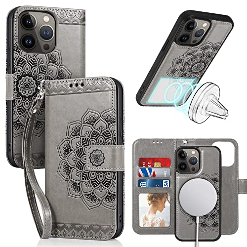 CASEOWL Compatible for iPhone 14 Pro Wallet Case [Support Magsafe Charger] 2-in-1 Magnetic Detachable [RFID Blocking] Mandala Embossed Flip Leather Wallet Case with Card Holder,Strap for Women (Gray)