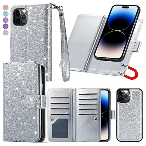 Varikke for iPhone 14 Pro Case Wallet, iPhone 14 Pro Wallet Case for Women with Card Holder & Powerful Magnetic Detachable Case & Strap Glitter PU Leather Phone Cases for iPhone 14 Pro [6.1"], Silver