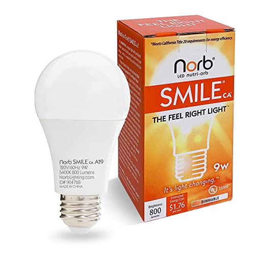 NorbSMILE Full Spectrum Sun Light Bulb - A19 9W, Boosts Energy, Mood & Performance, Supports Circadian Rhythm, Near-Perfect Color Rendering, Imitate Sunlight Indoors, BBB & US Supplier (1-Pack)