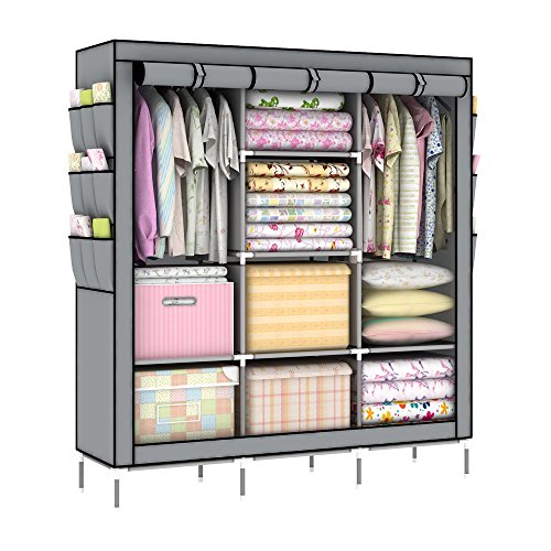 OUMYJIA 69 inches Portable Clothes Closet Wardrobe Non-Woven Fabric Storage Organizer, Side Pockets, Grey, 51 L x 17.5 W x 69 H inches