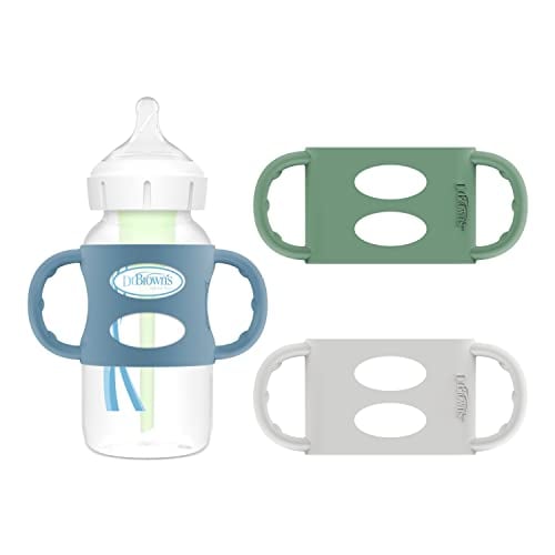 Dr. Browns Milestones 100% Silicone Baby Bottle Handles, Wide-Neck, Light Blue, Green, Gray, 3 Pack, 4m+