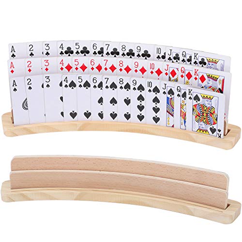 Exqline Curved Wooden Playing Card Holder Tray Rack Organizer Set of 2 Solid Card Holder for Kids Seniors - 13.8 x 1.9 x 2.4 Inch for Bridge Canasta Strategy Card Playing