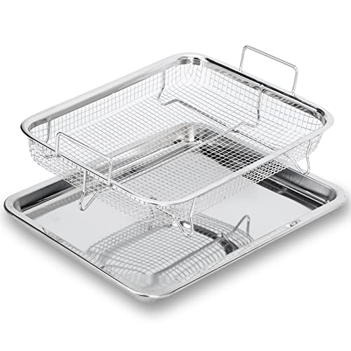 Ingcebo 13x9.6 Inch Stainless Steel Air Fryer Basket for Oven, Toaster Oven Crisper Tray, Air Fryer Basket for Convection Oven Cooking Baking Cooling, 2-Piece Set for Fries/Bacon/Chicken(Silver)