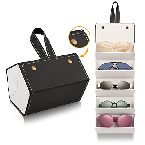 DDG Sunglass Organizer 5 Slots - Multiple Sunglasses Travel Case for Men and Women, Convenient PU Leather Storage Box