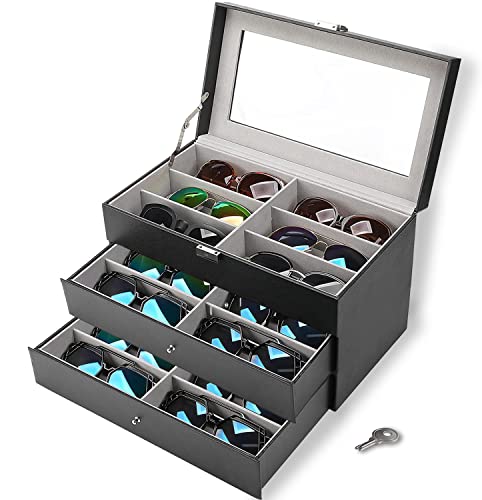 3 layer/18 slot Sunglass organizer box for multiple pairs sunglasses storage and display Glasses case Eyeglass holder jewelry boxes with 2 removable drawer for women men PU leather clear top (3-layer sunglasses organizer)