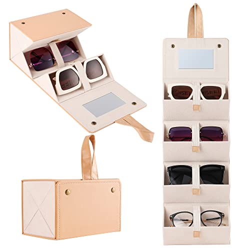 Muf Travel Sunglasses Organizer with 4 Slots,Upgraded Leather Multiple Glasses Storage Case with Mirror & Strap,Suit for Oversized Sunglass,Foldable Sunglasses Holder,Apricot