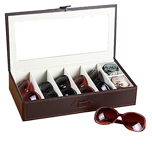 Glasses Organizer Leather Transparent 7 Slots Sunglasses Box for Men Women Multiple Eyeglasses Holder Eyewear Storage Display Case for Home Decoration/Nightstand/Bedside/Beside Table/Dresser Top Brown