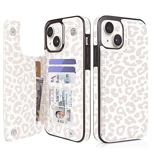 uCOLOR Compatible with iPhone 14 Plus 6.7" Wallet Case with Card Holder Slots Folio Flip PU Leather Kickstand Magnetic Clasp and RFID Blocking Cover (Beige Leopard)