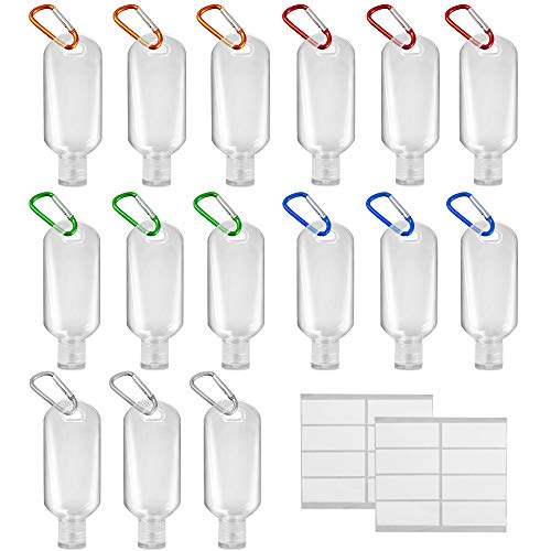 LotFancy Travel Bottles with Keychain, 70ml 2.4Oz, 15Pc Empty Plastic Carabiner Bottles, Refillable Squeeze Bottles for Hand Sanitizer, Leakproof, 15 labels Included