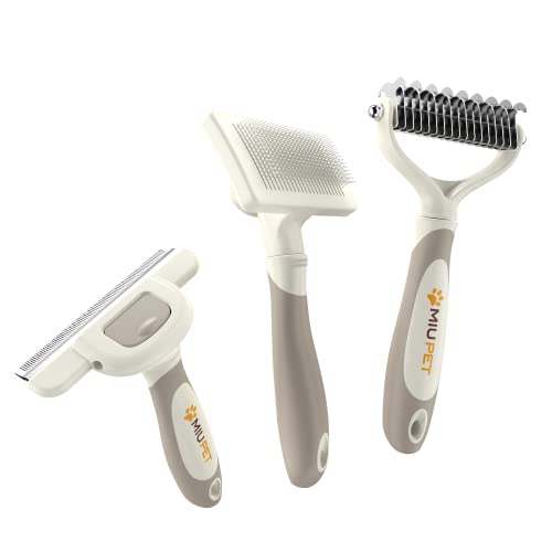 MIU PET Professional Long Haired Dog Grooming Kit - Dog Cat Grooming Brush, Dog Deshedding Brush and Self-Cleaning Slicker Brush for Dogs 3 in 1 Dog Brush Set Gift Box for Long Hair Dogs Owners