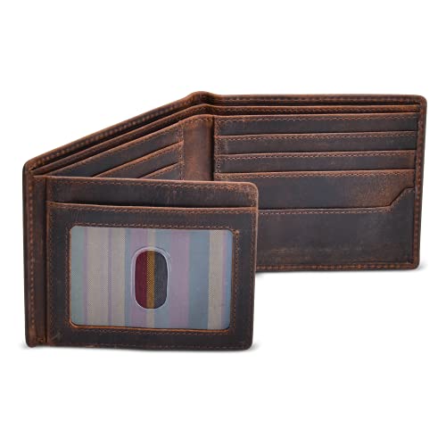 Men's Leather Wallet with RFID Blocking 2 ID Windows in Full Grain Crazy Horse Leather