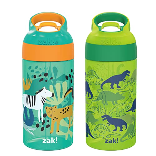 Zak Designs 16oz Riverside Kids Water Bottle with Spout Cover and Built-in Carrying Loop, Made of Durable Plastic, Leak-Proof Design for Travel (Dino Camo & Safari, Pack of 2)