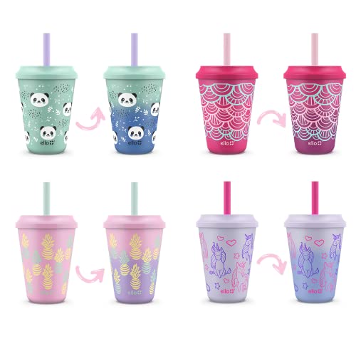 Ello Kids Plastic Reusable Color Changing Cups with Twist on Splash-Proof Lids and Straw, BPA Free, Dishwasher Safe, 12oz, Fruit Pop, 4 Pack