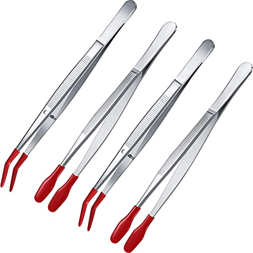 4 Pieces Tweezers with Rubber Tips Tweezers Rubber PVC Silicone Coated Non Marring Flat Tip Bent Tip Tweezers Tipped Tweezers for Lab Industrial Jewelry Craft Tool Coin Stamp Tweezer Tongs (Red)