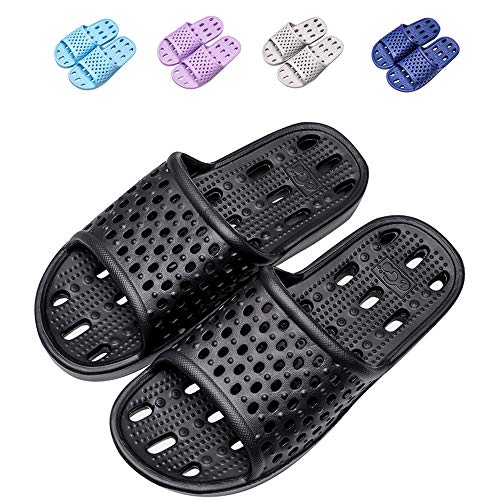 Aoowoll Men Shower Shoes Women Slippers Sandals Non Slip Rubber Flip Flops Bathroom Plastic Slides with Holes (Black EU44-45)