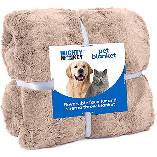 MIGHTY MONKEY PetBlanket, 32x40, Soft Reversible Sherpa Cat and DogBlanket, Machine Washable, Plush, Warm and Cozy Faux Fur Throw, Puppy Bed Cover, for Crates, Couch, Car, Medium Size, Soft Beige