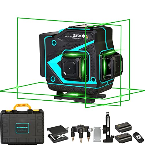 INSPIRITECH Self-leveling Laser Level - 3x360 Green Beam Horizontal Vertical 12 Cross Lines - Tile Lazer Leveler Construction Tool for Floor Wall Ceiling - 2 Batteries and Remote Control