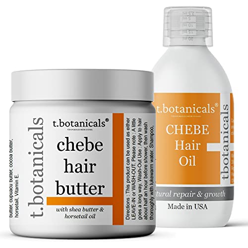 t.botanicals Chebe Oil and Butter Set for Hair Growth Organic from Chad Africa, Set of 4 oz Chebe Oil and 8 oz Chebe Butter with Horsetail (Unscented)