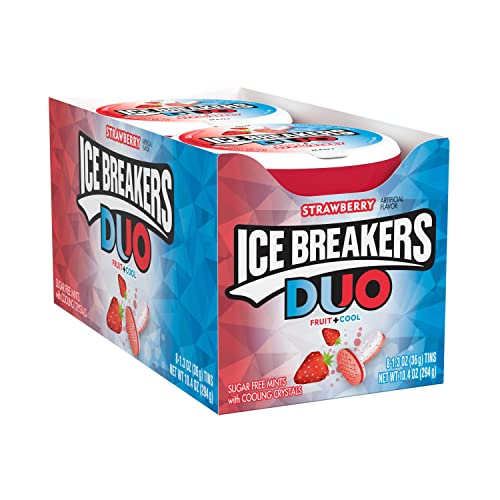 ICE BREAKERS DUO Strawberry Flavored Fruit + Cool, Sugar Free Sugar Free Breath Mints Tins, 1.3 oz (8 Count)