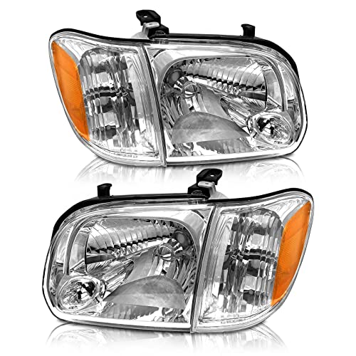 AS Headlights Assembly Compatible with 2005 2006 Toyota Tundra Double Cab / 2005 2006 2007 Sequoia Headlamp Chrome Housing Driver and Passenger Side Pair