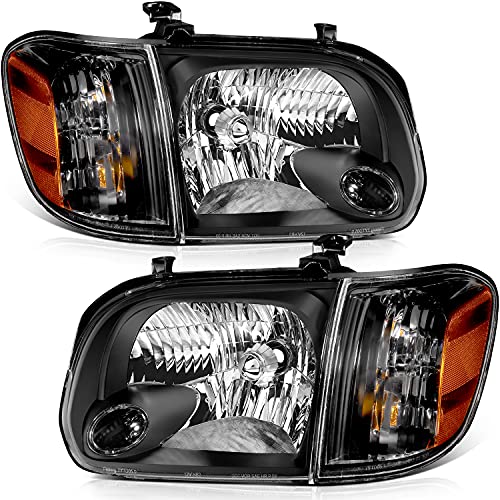 LSAILON Headlight Assembly Replacement Fit 2005-2007 For Toyota Sequoia,2005-2006 For Toyota Tundra Double Cab 4 Door Only Black Housing Amber Reflector Clear Lens