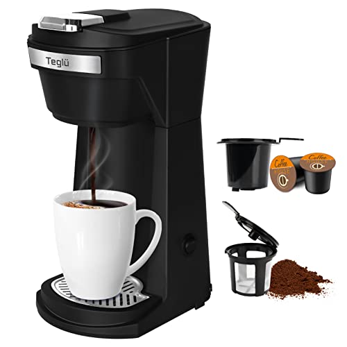 Teglu Single Serve Coffee Maker for K Cup Pod & Ground Coffee 2 in 1, K Cup Coffee Machine 6-14 oz Brew Size, Mini One Cup Coffee Pod Fast Brewing 800W, Reusable Filter, CM-208RS, Black