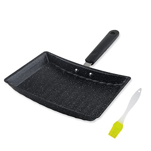 IUKOENTE Japanese Omelette Pan, 6"x9"Non-Stick Tamagoyaki Frying Pan,Wave Bottom Maifanite Stone Egg Roll Pan,With silicone brush and silicone spatula (BLACK)