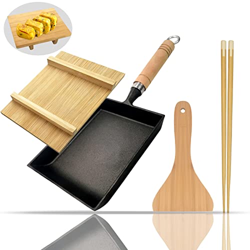 WSGSYYDS Tamagoyaki Japanese Omelette Pan Cast Iron with Wooden Lid, Square Japanese Egg Pan, Rectangle Tamago Pan with Spatula & Chopsticks 7 x 6 (Black)