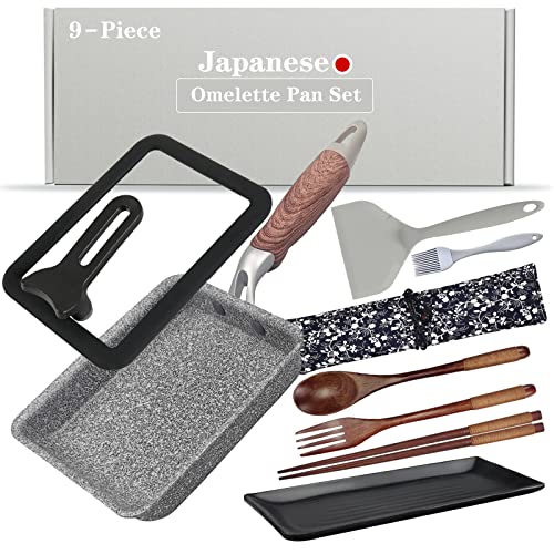 DXBVIEX 9 PCS Tamagoyaki Pan Set, Japanese Omelette Pan Nonstick with Lid, Square Japanese Egg pan, Rectanlge Tamago Pan 7.6" x 5.7" Grey