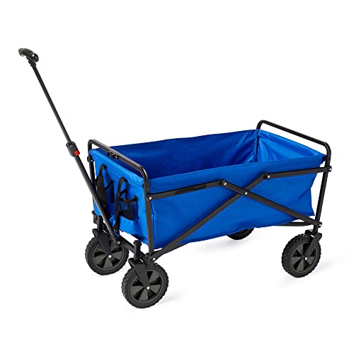 Seina Heavy Duty Steel Compact Collapsible Folding Outdoor Portable Utility Cart Wagon w/All Terrain Rubber Wheels and 150 Pound Capacity, Blue