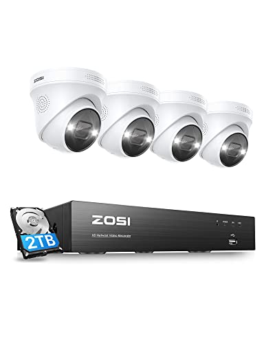 ZOSI 4K Spotlight PoE Security Camera System with 2TB HDD,8 Ports 16CH 8MP NVR,4pcs 4K Wired Indoor Outdoor PoE IP Cameras with 2 Way Audio,Color Night Vision,AI Human Detection,for 24/7 Recording