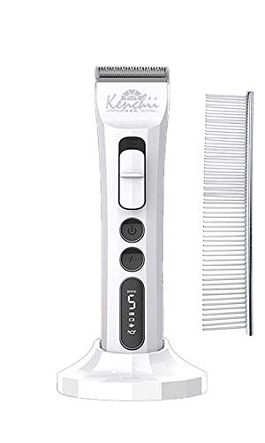 Kenchii Flash Digital 5-Speed Lithium Ion Ergonomic Cordless Clipper - Up to 6 Hours Running Time - Professional Animal/Dog Grooming - Bundled with Bonus Steel Comb (White)