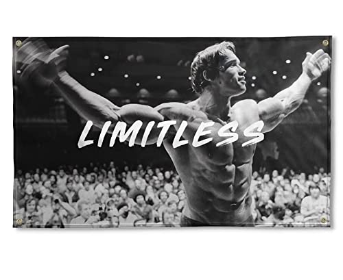 Arnold Schwarzenegger Poster | 3x5 Flag | Gym Motivation Fitness Poster | Durable Cool Tapestry | Man Cave Wall Decor with Metal Grommets for College Dorm Room | Decoration Bedroom Outdoor Parties Gift | Indoor Ceiling Garden Garage Home House | Limitless